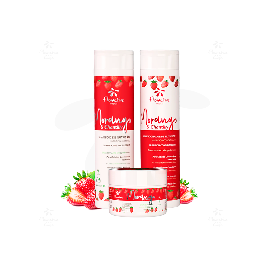Kit de Shampoo, Mascarilla y Acondicionador Floractive Morango y Chantilly para reparar cabello quebradizo.