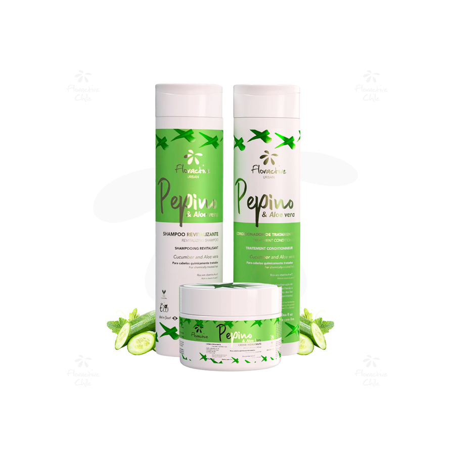 Kit Pepino & Aloe Vera Flora Urban - Shampoo + Acondicionador + Mascarilla para Cabellos Químicamente Tratados
